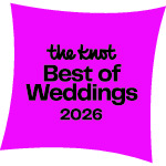 A bright pink square with curved edges displays the text "the knot Best of Weddings 2026" in black bold letters.
