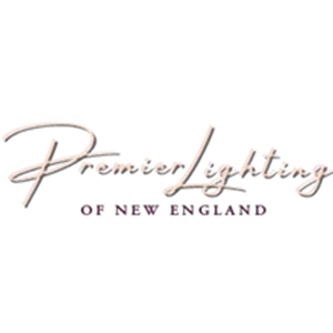 Logo with cursive text reading "Premier Lighting" above capitalized text "OF NEW ENGLAND" on a white background.