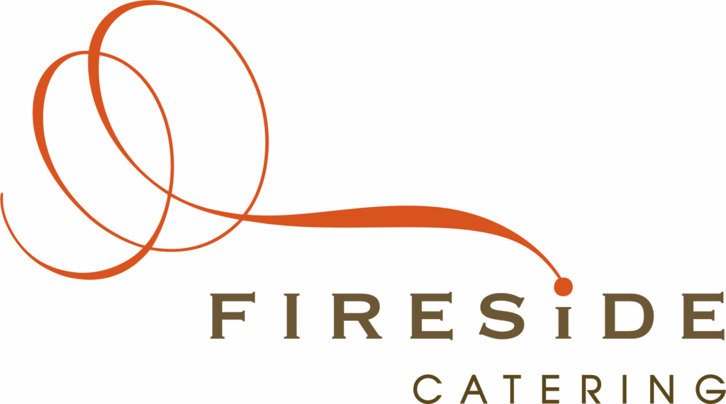 Logo for Fireside Catering with stylized, looping orange lines resembling fire, connected to the dot over the “i” in “Fireside.” The word "Catering" appears below in uppercase letters.