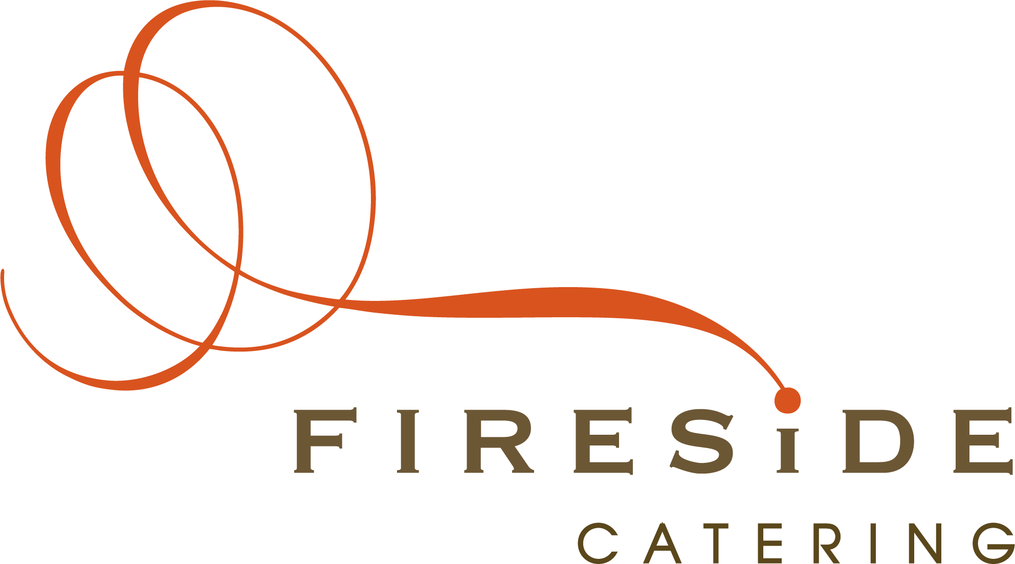 Logo for Fireside Catering with stylized, looping orange lines resembling fire, connected to the dot over the “i” in “Fireside.” The word "Catering" appears below in uppercase letters.