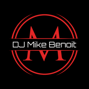 Logo with a large red letter "M" inside a red circle on a black background. Across the center, a black banner with white text reads "DJ Mike Benoit.