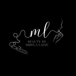 Minimalist logo on a black background showing a curling iron cord forming the letters “ml,” a hand applying lipstick to lips, and the text “BEAUTY BY MIRELA LAINE” below the design.