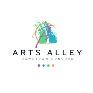 Logo for "Arts Alley Downtown Concord" featuring a colorful, abstract paintbrush stroke with a pink "A" in the center. Four small dots in teal, pink, yellow, and green appear below the text.